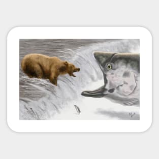 Funny Bear and Salmon Fishing Humorous Art Sticker